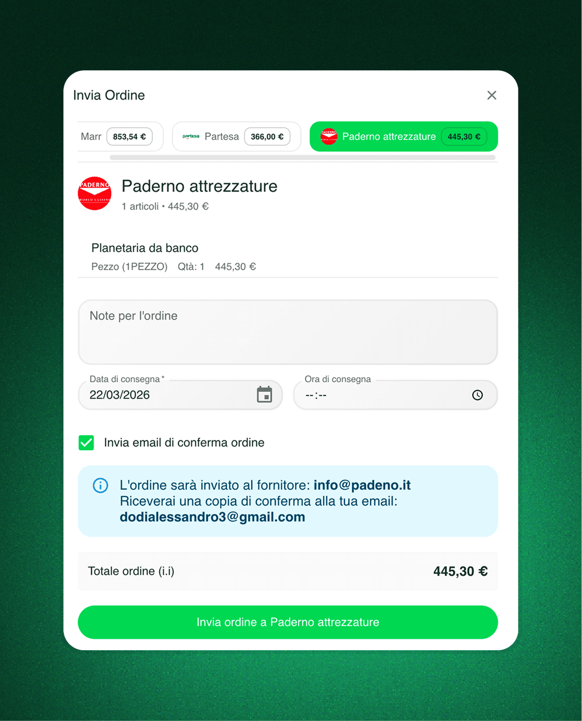 Invio ordini fornitori direttamente dal software