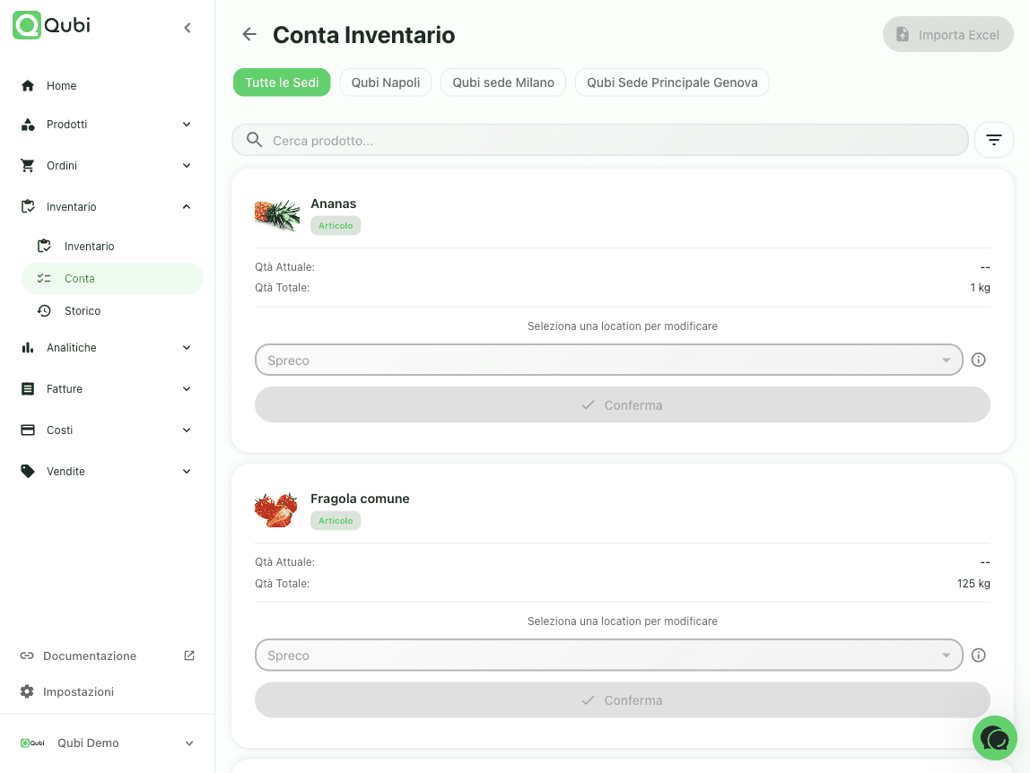 Conta inventario in Qubi