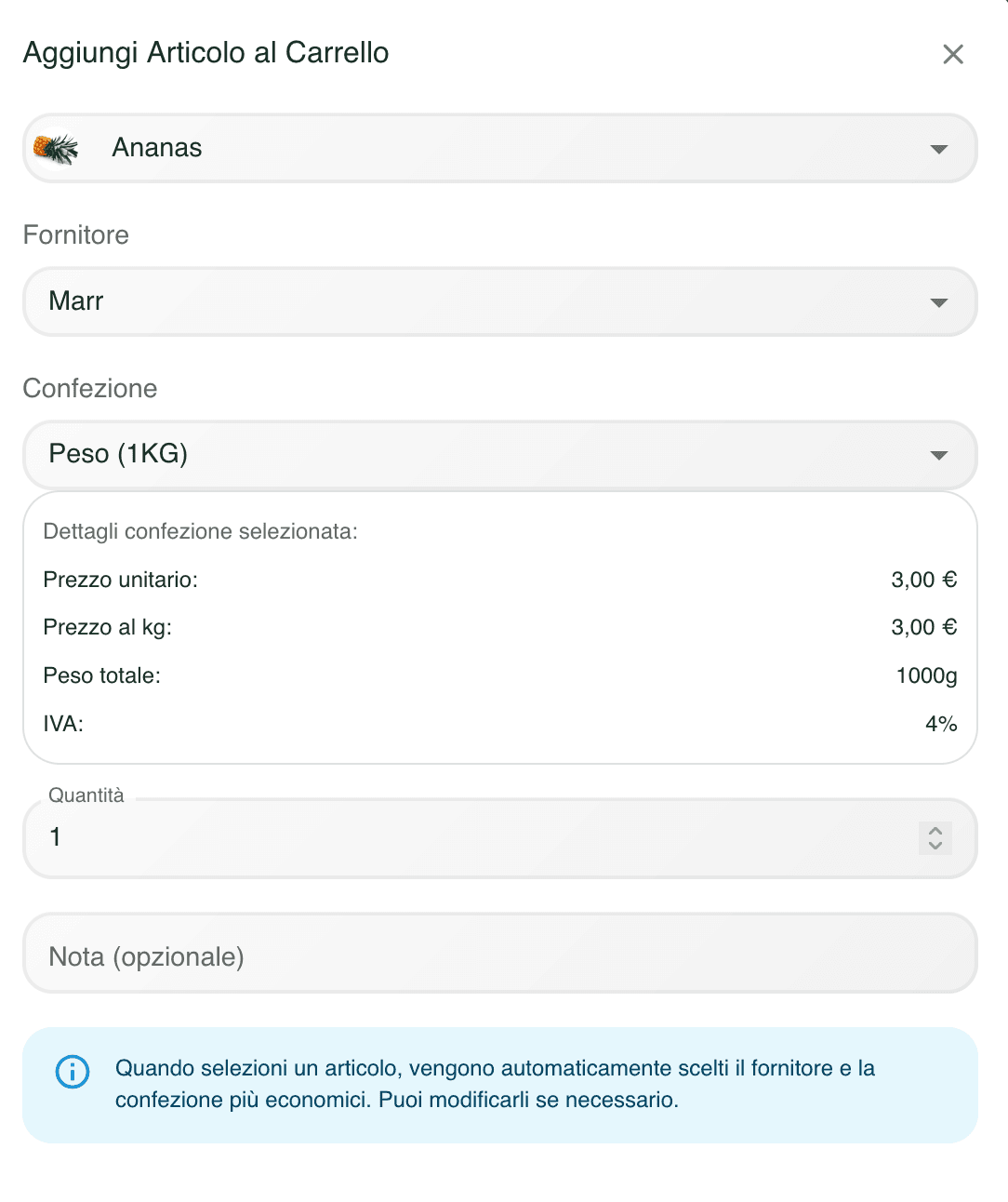 Prezzo migliore automatico con selezione fornitore e confezione