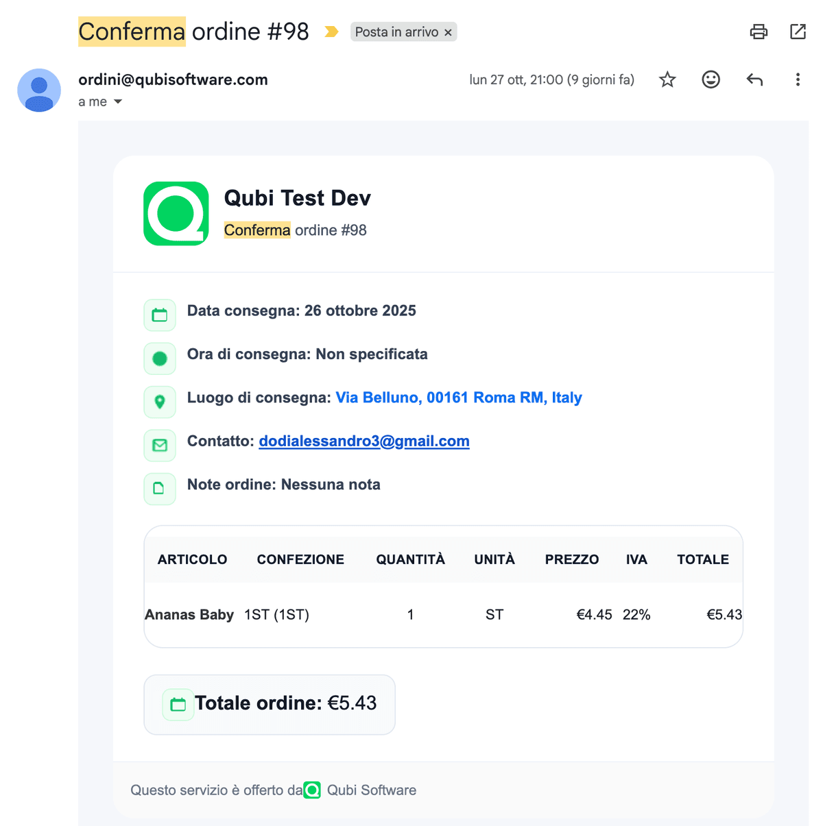 Email automatica ordine al fornitore