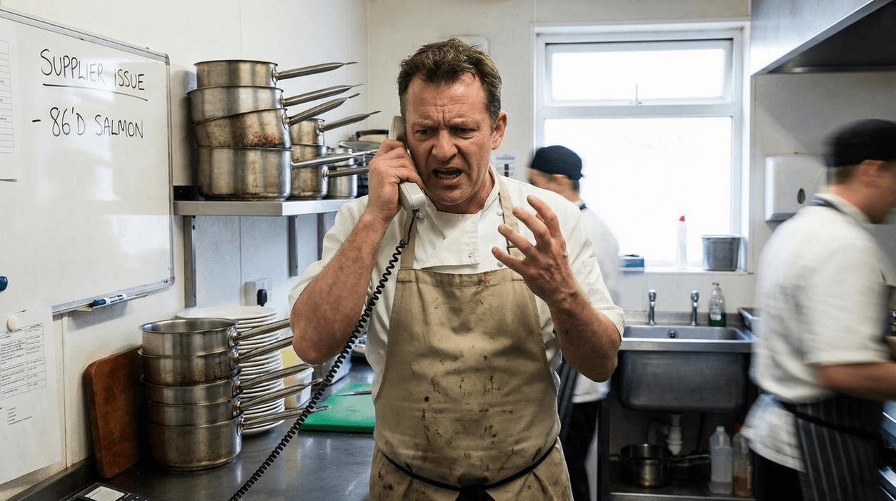 Ristoratore frustrato al telefono