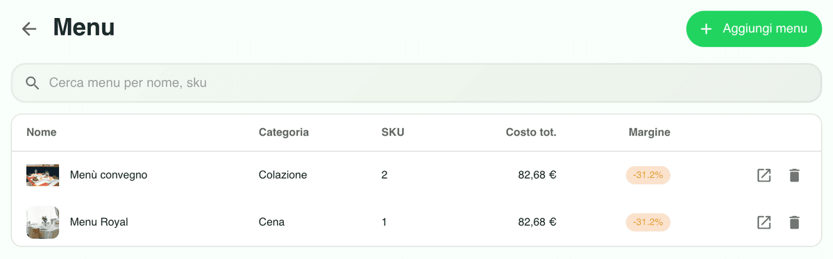 Collegamento tra menu e allergeni